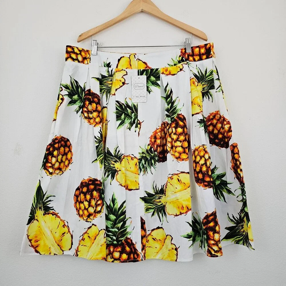 Womens Sz 3X Tropical Pineapple Print Pleated Swing Skirt Cotton Blend Retro NWT